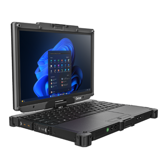Getac V120 VV116YESBDBA left three-quarter view showing side ports and rotating display hinge