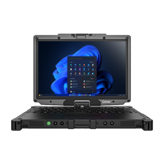 Getac V120 rugged 12.2-inch 2-in-1 laptop VV416YEMBDBX (Core Ultra 7, Spanish keyboard), front view in notebook mode