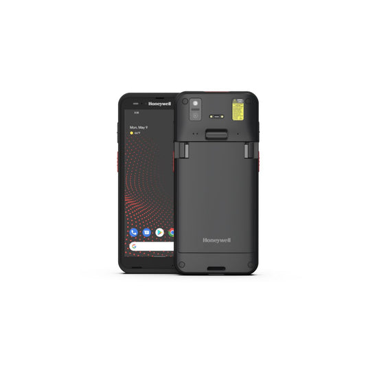 Honeywell CT70 6-inch all-touch Android mobile computer, black, FlexRange 2D imager, 5G + Wi-Fi, RFID, standard battery (CT70-X1R-058CS104G) – front and back view