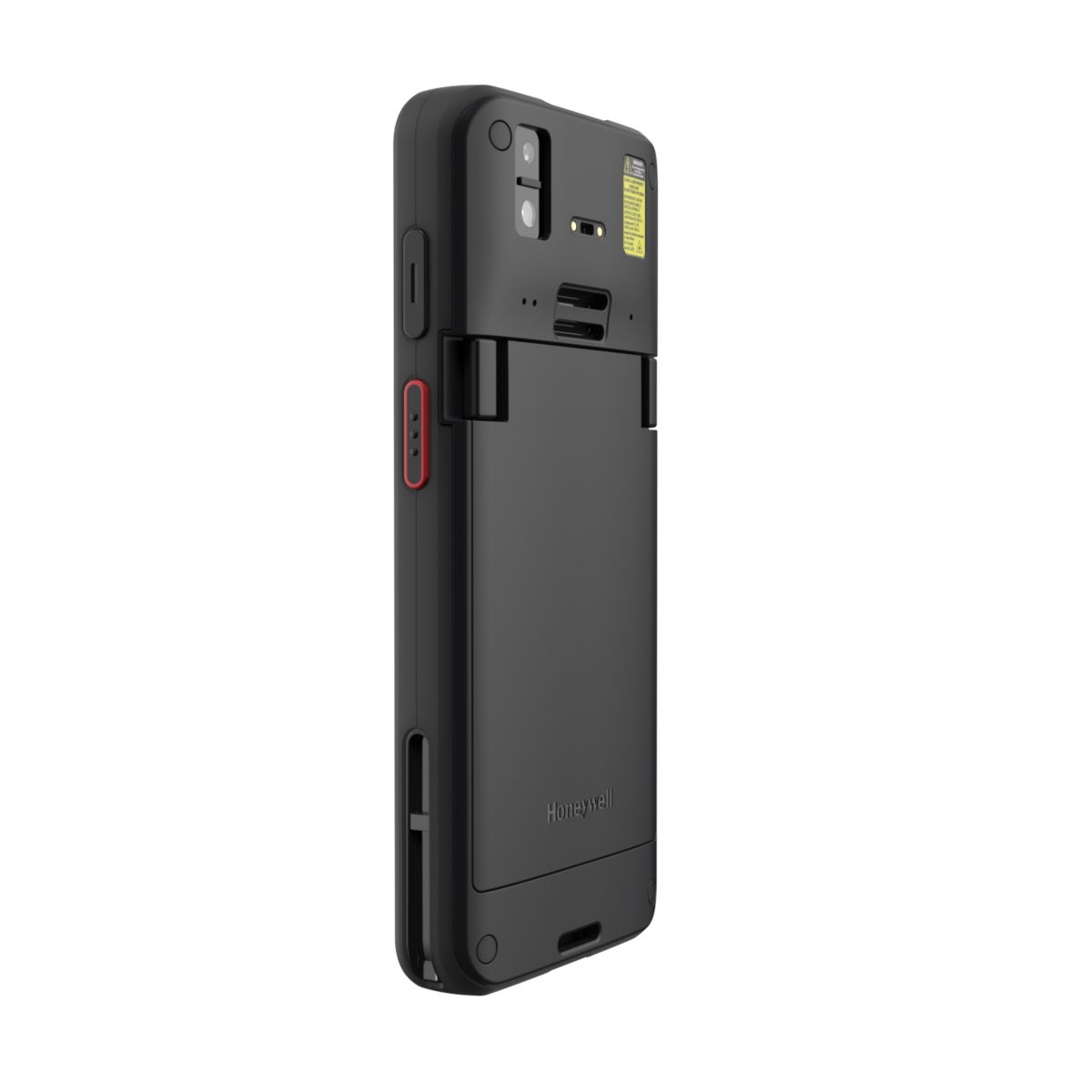 Honeywell CT70 6-inch all-touch Android mobile computer, black, FlexRange 2D imager, 5G + Wi-Fi, wireless-charging battery (CT70-X1N-058CW104G) – angled back view