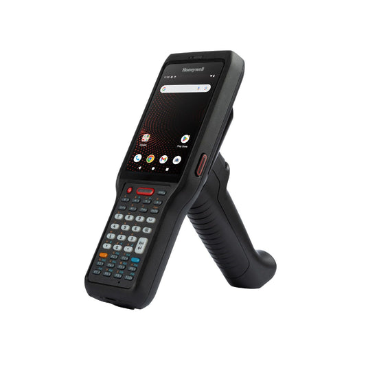 Honeywell CK62 rugged Android mobile computer, 38-key numeric keypad, standard range 2D imager, Wi-Fi only (CK62-X00-57S1BCG) – angled view with scan handle