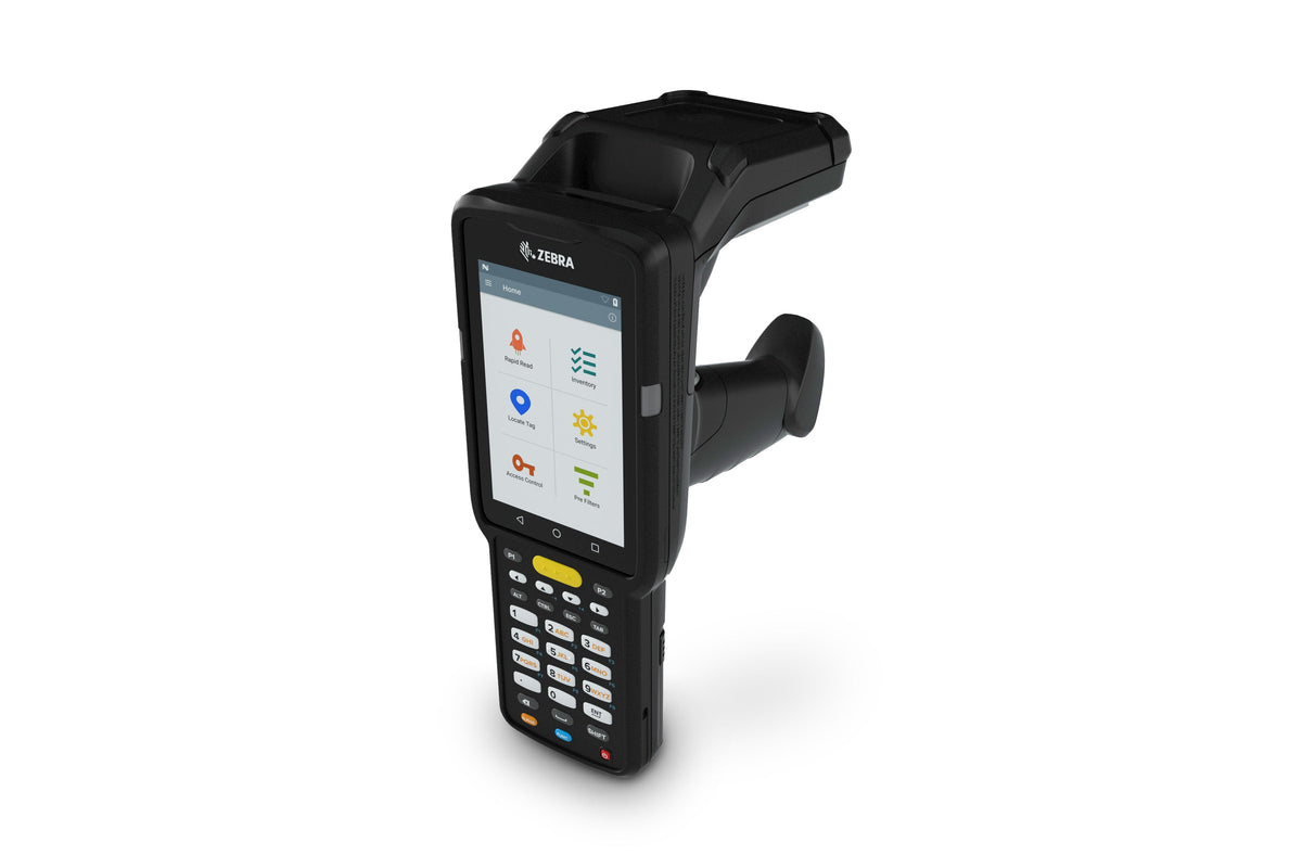 Zebra MC3390xR rugged keypad mobile computer, integrated UHF RFID reader, pistol grip, 29-key numeric keypad (MC339U-GF2EG4EU) – rear angled view