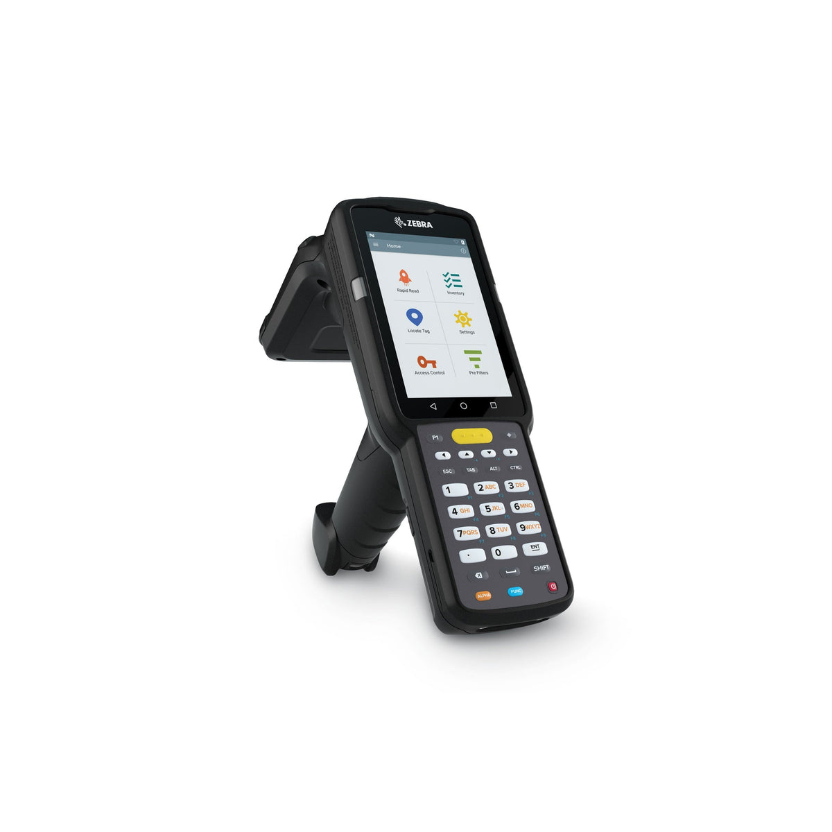 Zebra MC3330xR rugged keypad mobile computer, integrated UHF RFID reader, pistol grip, 29-key numeric keypad (MC333U-GJ2EG4EU) – side view with RFID antenna