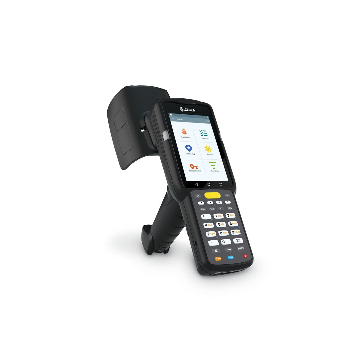 Zebra MC3390xR rugged keypad mobile computer, integrated UHF RFID reader, pistol grip, 29-key numeric keypad (MC339U-GF2EG4EU) – side view with RFID antenna