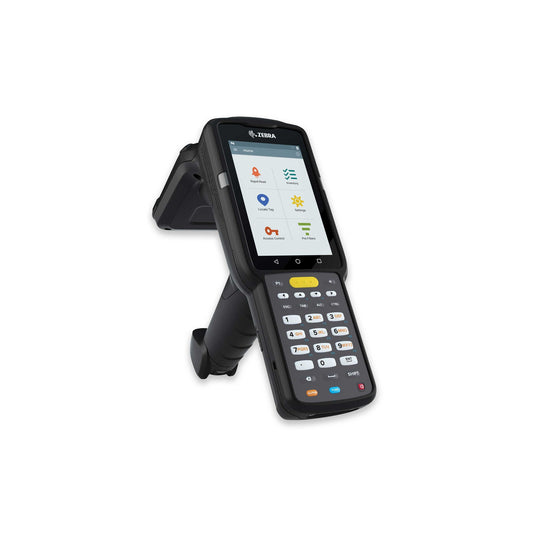 Zebra MC3330xR rugged keypad mobile computer, integrated UHF RFID reader, pistol grip, 29-key numeric keypad (MC333U-GJ2EG4EU) – angled front view