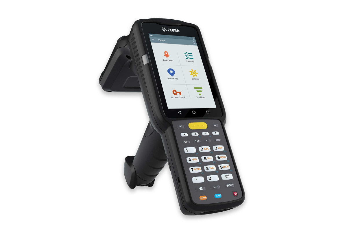 Zebra MC3330xR rugged keypad mobile computer, integrated UHF RFID reader, pistol grip, 29-key numeric keypad (MC333U-GJ2EG4EU) – angled front view