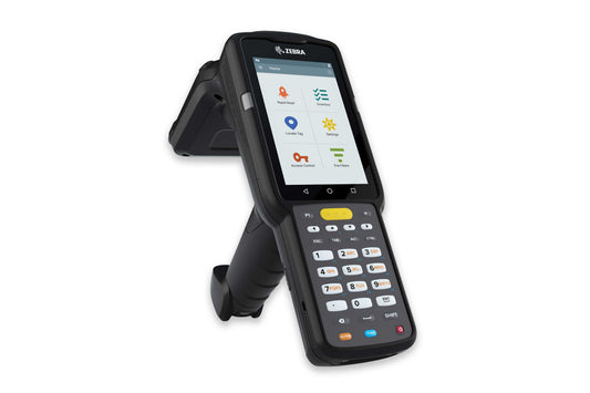 Zebra MC3330xR rugged keypad mobile computer, integrated UHF RFID reader, pistol grip, 29-key numeric keypad (MC333U-GJ2EG4EU) – angled front view