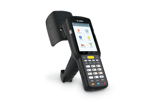 Zebra MC3390xR rugged keypad mobile computer, integrated UHF RFID reader, pistol grip, 29-key numeric keypad (MC339U-GF2EG4EU) – angled front view
