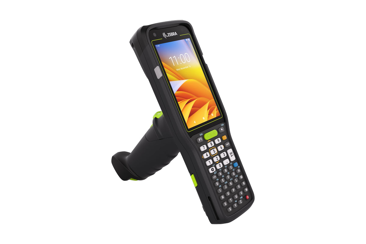 Zebra MC3400 rugged keypad mobile computer, pistol grip, 47-key alphanumeric keypad (MC3401-0G1P64SS-A6) – angled front view