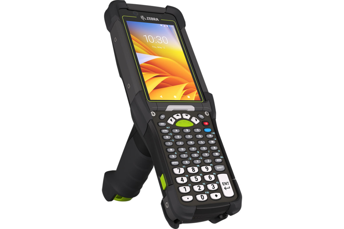 Zebra MC9450 rugged 5G keypad mobile computer, pistol grip, 53-key standard alphanumeric keypad (MC945B-3G1P6DSB-A6) – angled front view
