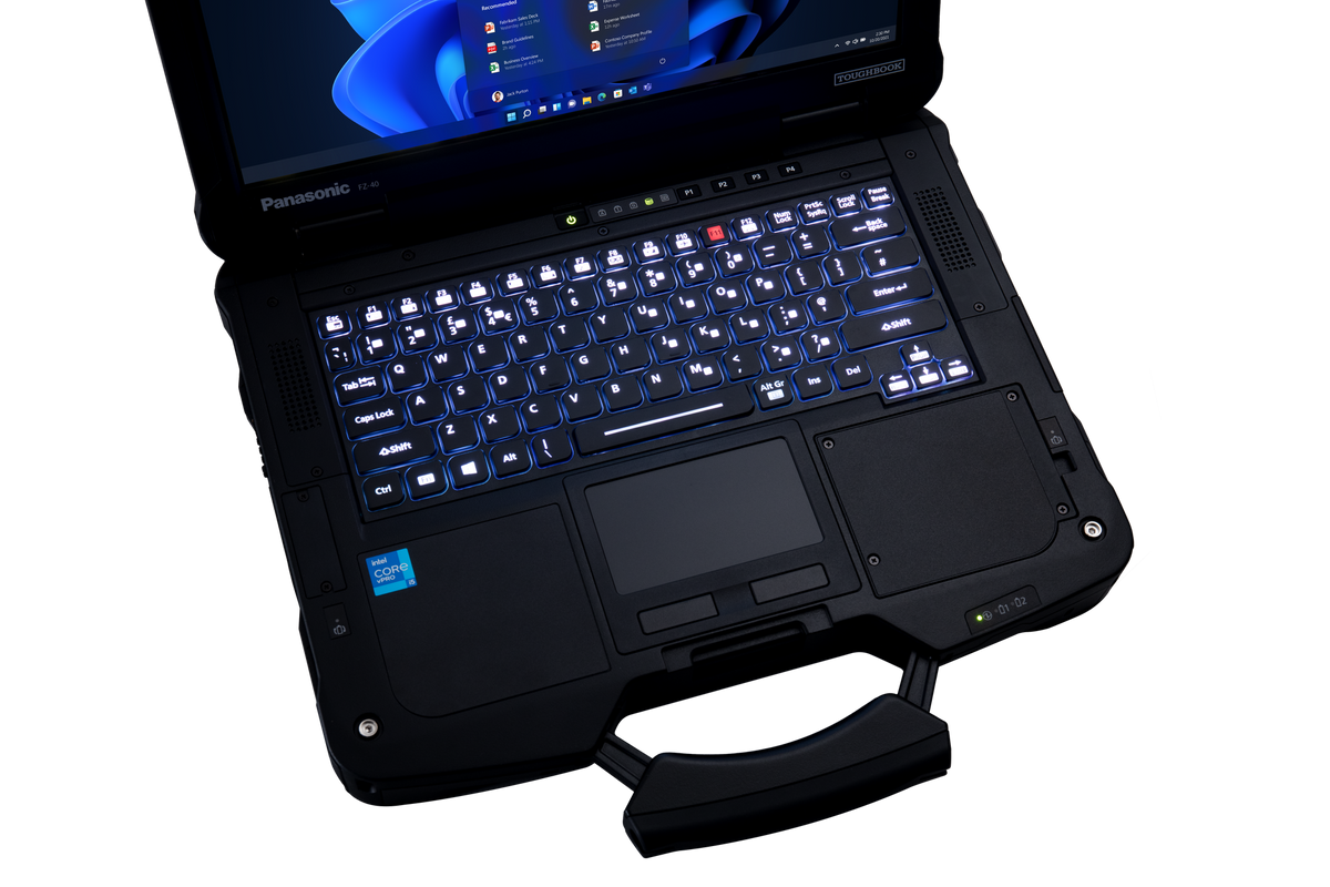 Panasonic TOUGHBOOK 40 fully rugged notebook at an angle, showing the backlit keyboard, touchpad and integrated carry handle