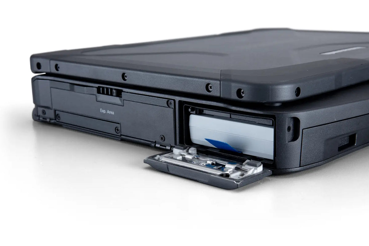 Panasonic TOUGHBOOK 40 mk2 (Belgian AZERTY, 4G) side view with open hot-swap battery bay and xPAK expansion area