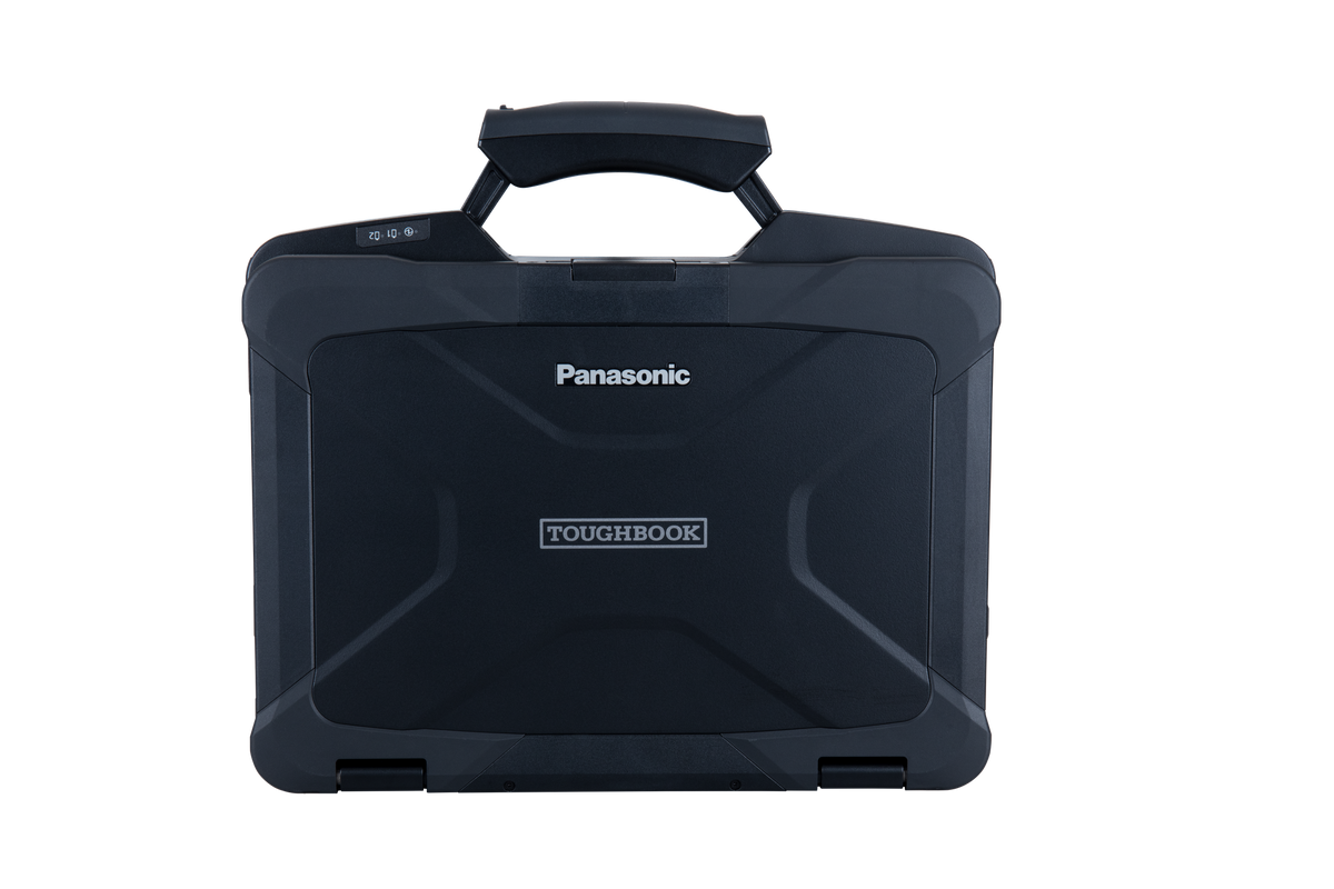 Panasonic TOUGHBOOK 40 mk2 (UK keyboard, 4G) closed, IP66 magnesium-alloy rugged chassis with carry handle