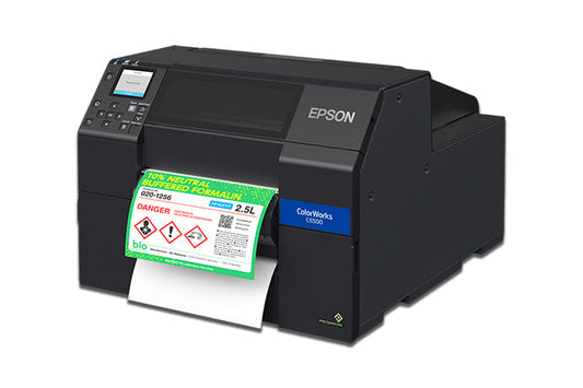 Epson ColorWorks C6500Pe colour label printer, 8-inch, peel-and-present, matte black ink, 1200 x 1200 dpi, inkjet (C31CH77202MK) – angled view with peeled label