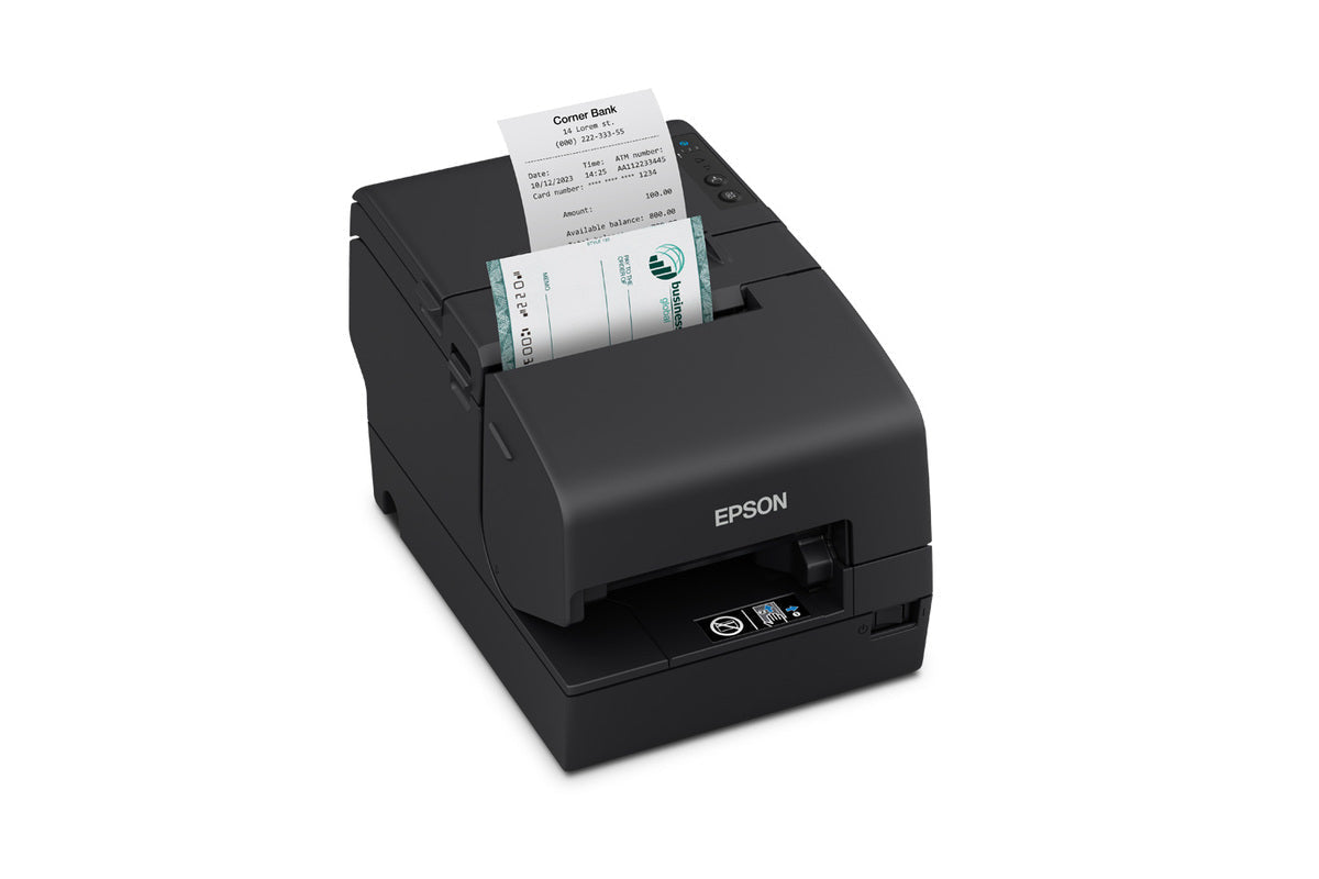 Epson TM-H6000VI hybrid multifunction POS receipt printer with MICR, black, Powered USB (C31CL25116) – printing a receipt