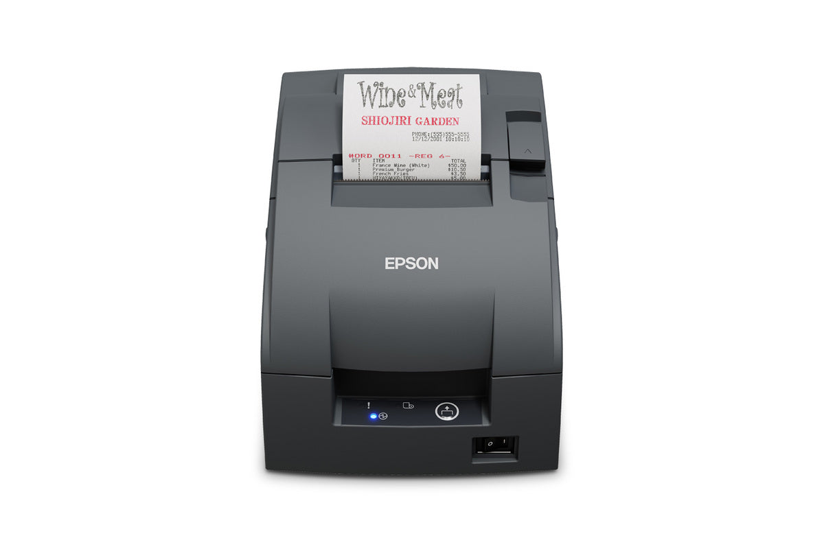Epson TM-U220IIB impact dot matrix POS receipt printer with autocutter, dark grey (Epson Dark Grey), serial (C31CL27102F1) – front view printing a receipt