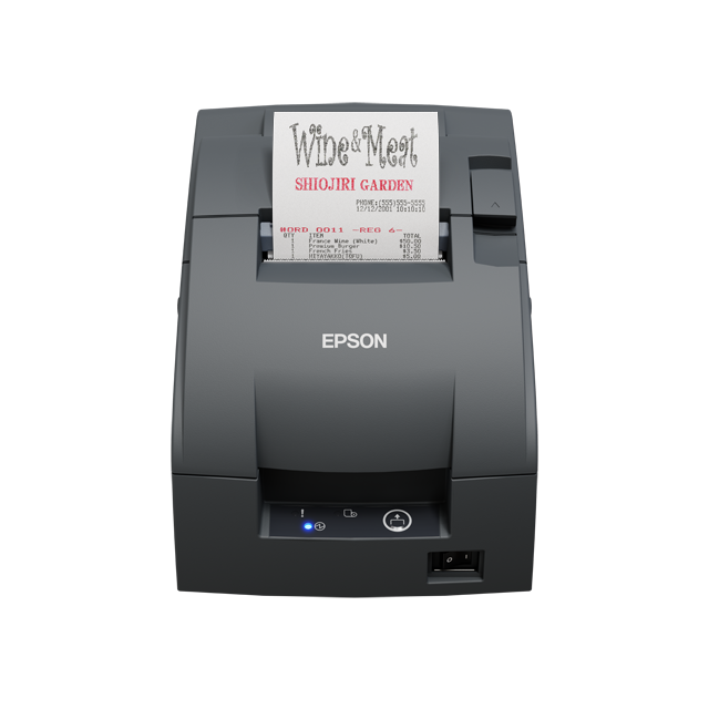 Epson TM-U220IID compact impact dot matrix POS receipt printer, dark grey, parallel (C31CL28102P0) – front view with receipt