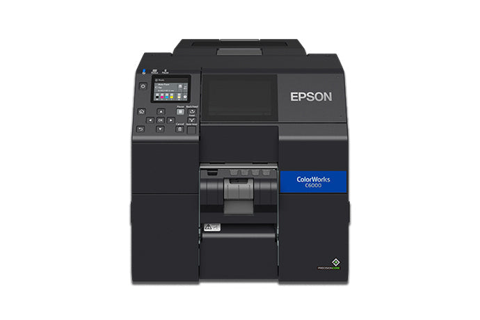 Epson ColorWorks C6000Pe colour label printer, 4-inch, peel-and-present, gloss black ink, 1200 x 1200 dpi, inkjet (C31CH76202) – head-on view