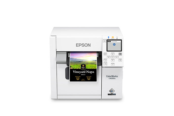 Epson ColorWorks C4000 colour label printer, 4-inch, auto cutter, matte black ink, 1200 x 1200 dpi, inkjet (C31CK03102MK) – front view with printed label