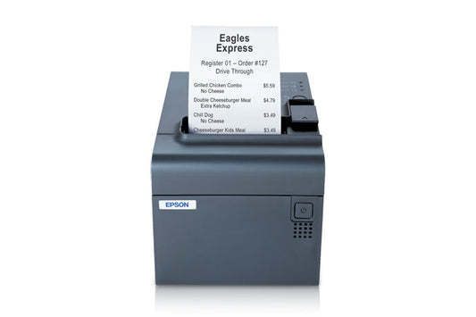 Epson TM-L90 thermal label and receipt printer, dark grey, serial + USB (C31C412412) – angled view