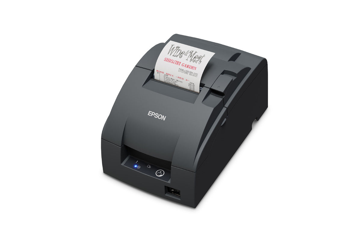 Epson TM-U220IIB impact dot matrix POS receipt printer with autocutter, dark grey (Epson Dark Grey), serial (C31CL27102F2) – left 3/4 view with receipt