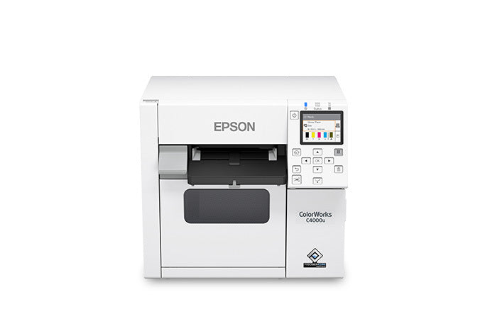 Epson ColorWorks C4000 colour label printer, 4-inch, auto cutter, matte black ink, 1200 x 1200 dpi, inkjet (C31CK03102MK) – front view