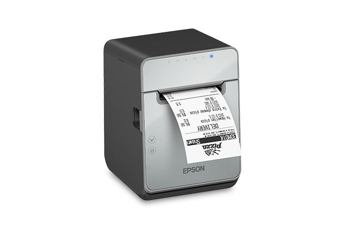 Epson TM-L100 liner-free label and receipt printer, black, USB + Ethernet + Bluetooth (C31CJ52121) – right 3/4 view with receipt