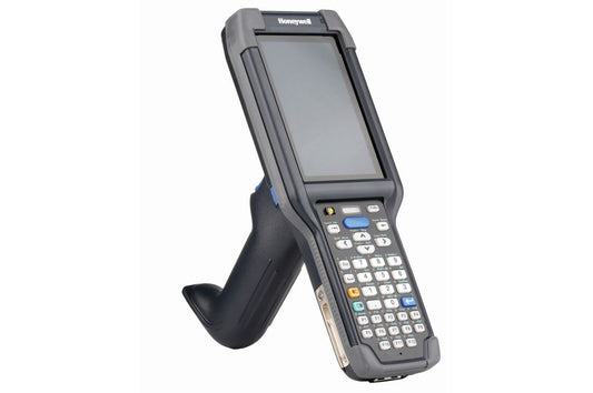 Honeywell CK65 rugged Android mobile computer, 38-key numeric-function keypad, EX20 2D imager, Wi-Fi only (CK65-L0N-DMC210E) – angled view with scan handle