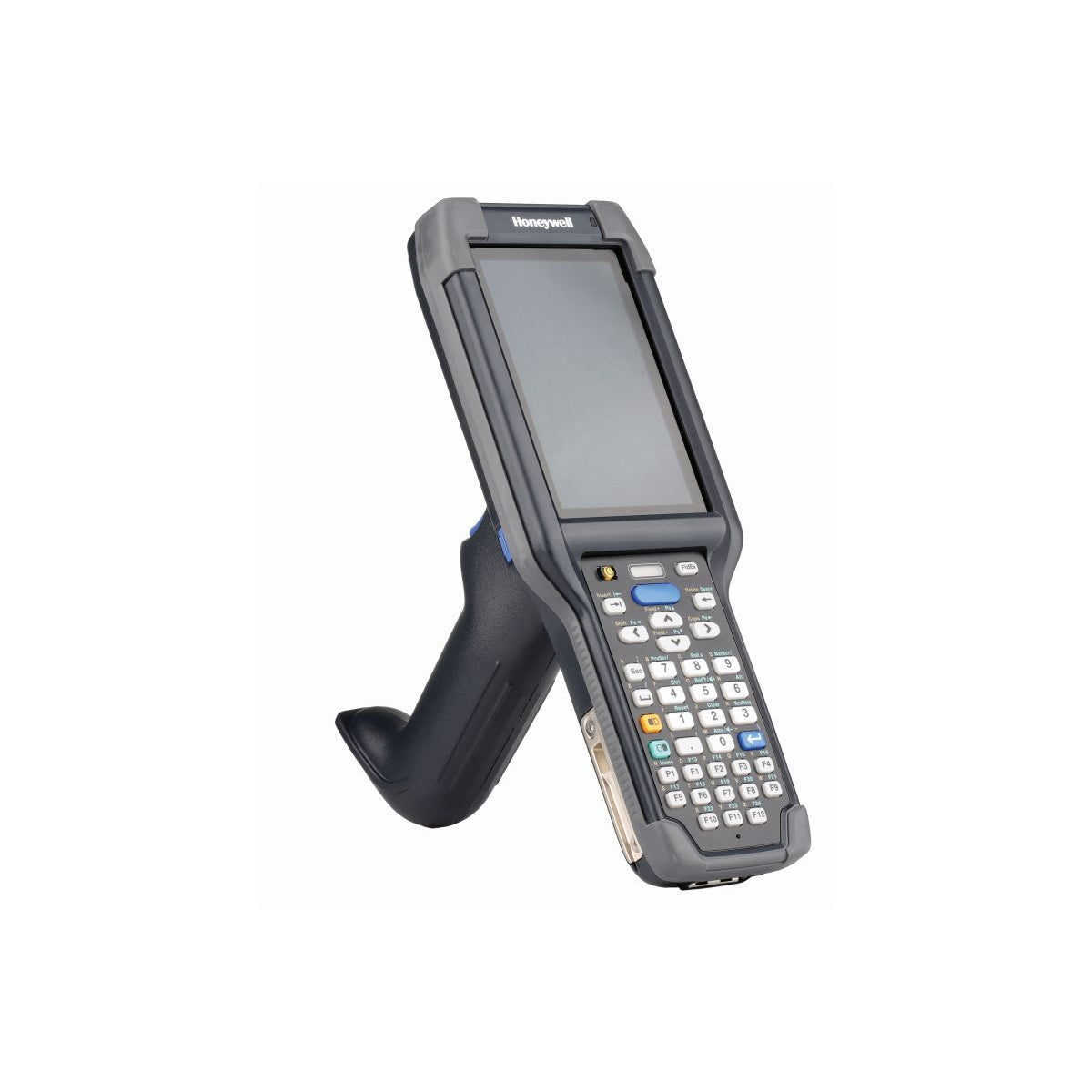 Honeywell CK65 rugged Android mobile computer, 38-key numeric-function keypad, 6803FR 2D imager, Wi-Fi only (CK65-L0N-D8C214E) – angled view with scan handle