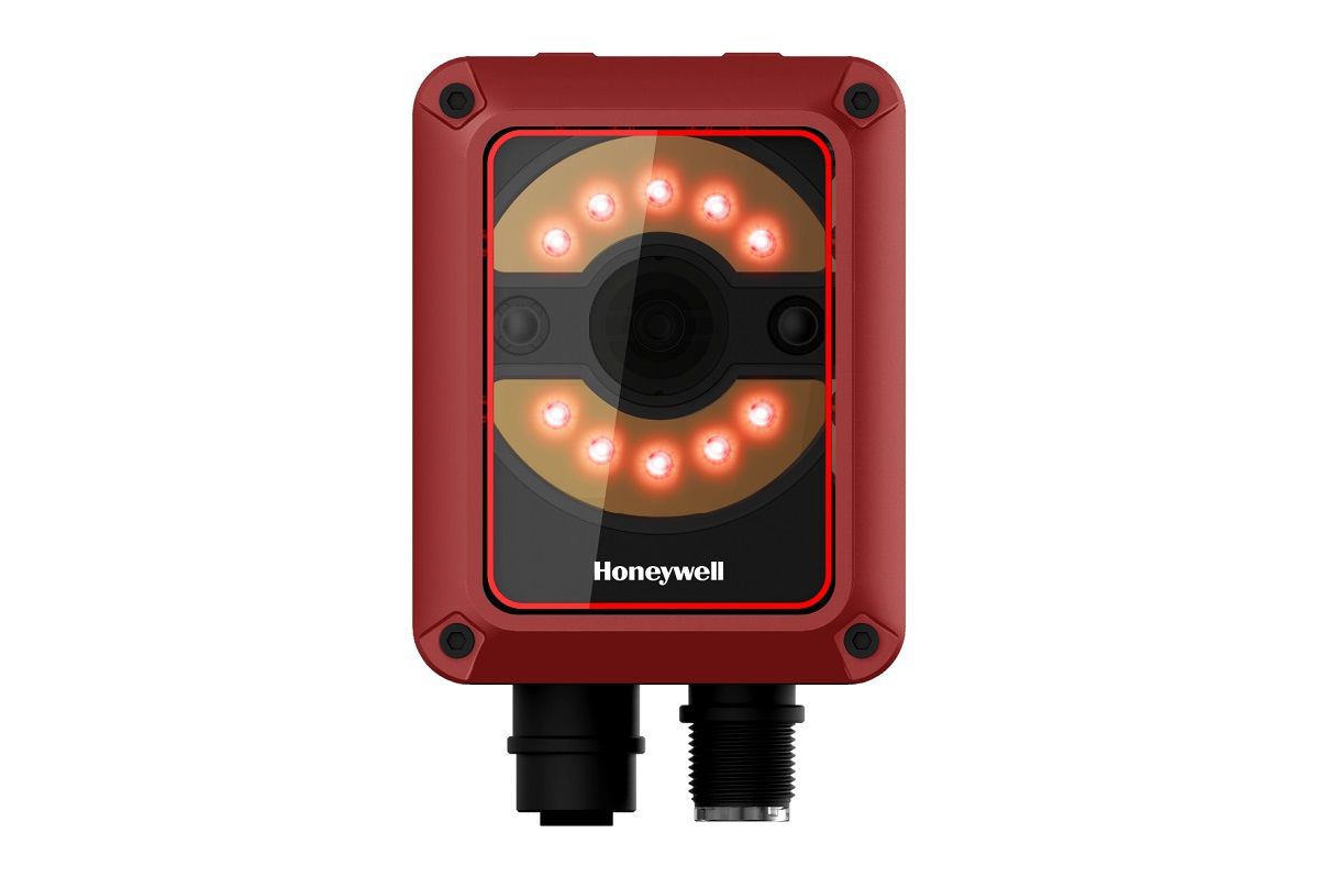 Honeywell HF811 fixed-mount industrial 2D scanner (HF811-01WT00004K-R) – front view with M12 connectors