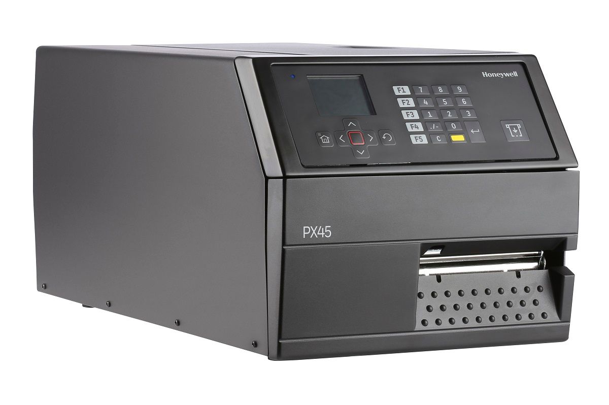 Honeywell PX45 industrial label printer, LCD display with keypad, tear bar, 406 dpi, thermal transfer (PX45A00000000400) – right angled view