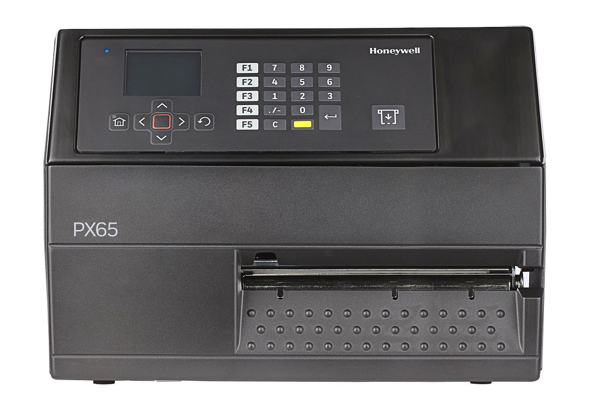 Honeywell PX65 industrial label printer, LCD display with keypad, tear bar, 300 dpi, thermal transfer (PX65A00000000300) – front view