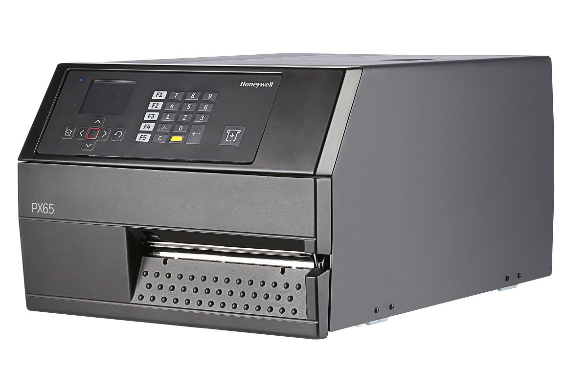 Honeywell PX65 industrial label printer, LCD display with keypad, tear bar, 300 dpi, thermal transfer (PX65A00000000300) – left angled view