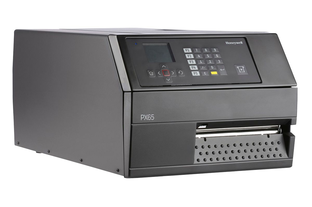 Honeywell PX65 industrial label printer, LCD display with keypad, tear bar, Wi-Fi, 203 dpi, thermal transfer (PX65A02000000200) – right angled view