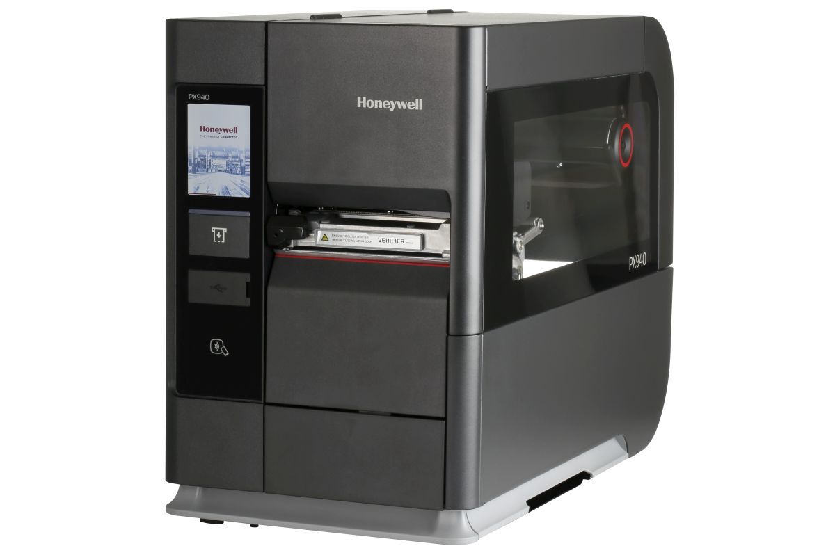 Honeywell PX940V industrial label printer with integrated barcode verifier, colour touch display, tear bar, 203 dpi, thermal transfer (PX940V30100000200) – angled view with clear media door