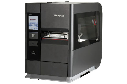 Honeywell PX940V industrial label printer with integrated barcode verifier, colour touch display, tear bar, 203 dpi, thermal transfer (PX940V30100000200) – angled view with clear media door