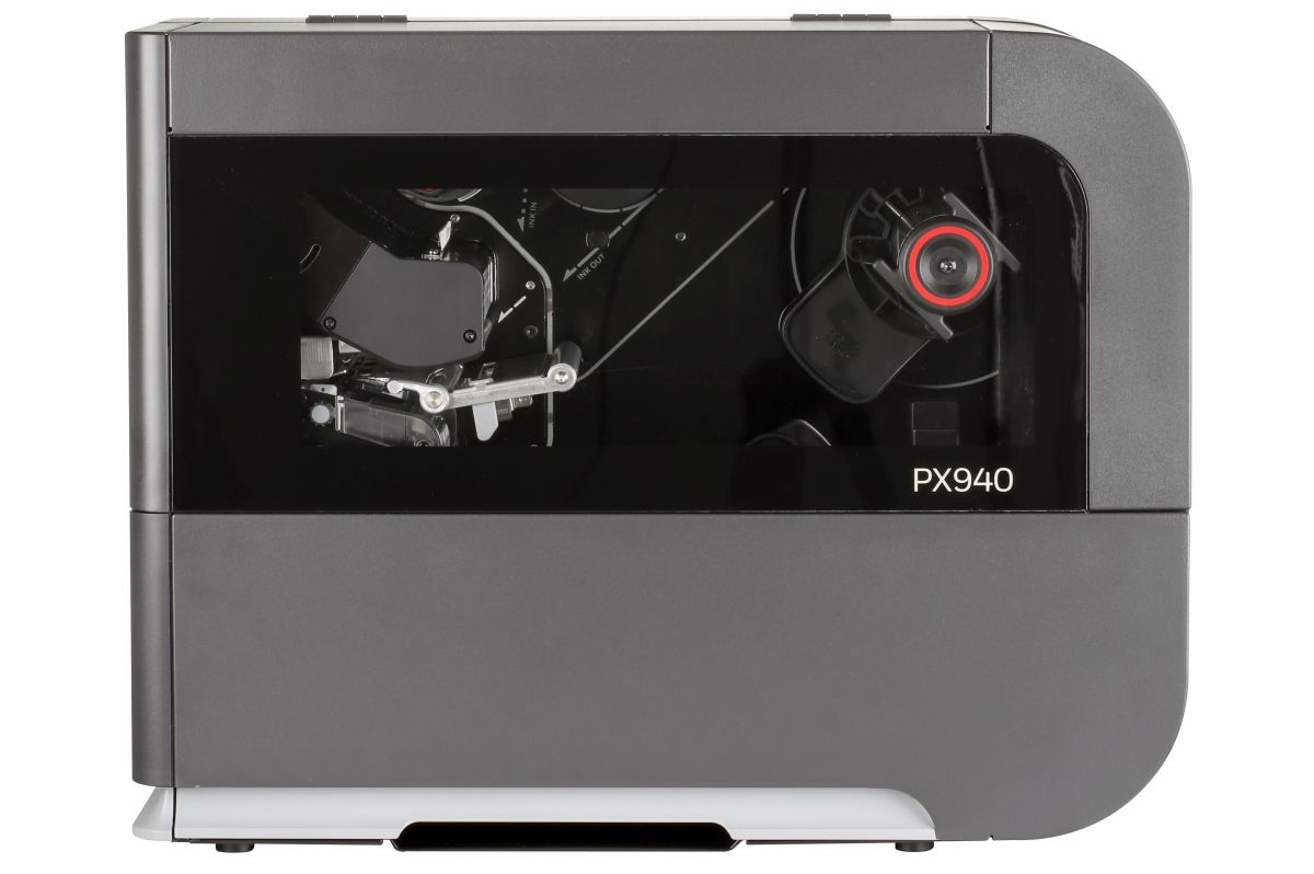 Honeywell PX940V industrial label printer with integrated barcode verifier, colour touch display, tear bar, 203 dpi, thermal transfer (PX940V30100000200) – side view through clear media door