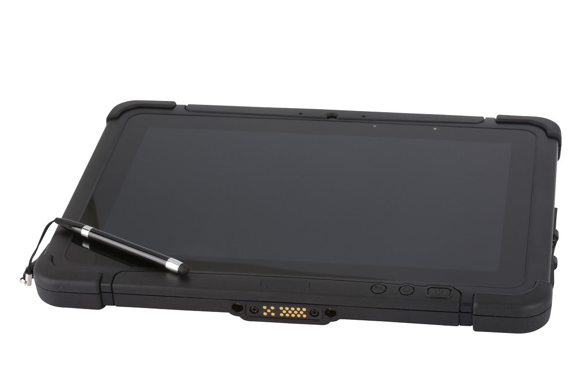 Honeywell RT10A 10.1" rugged Android tablet with N6803 FlexRange imager, Wi-Fi (RT10A-L0N-18C22S0E) – angled view with stylus