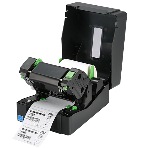 TSC TE200 desktop thermal transfer label printer, 203 dpi, USB, black (99-065A10F-00LF00) – open cover, ribbon mechanism