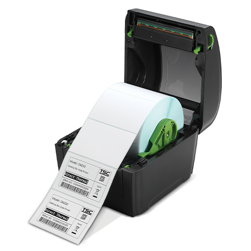TSC DA320 4-inch direct thermal desktop label printer, 300 dpi, USB + RS-232 + Ethernet, black (99-158A016-2102) – angled view