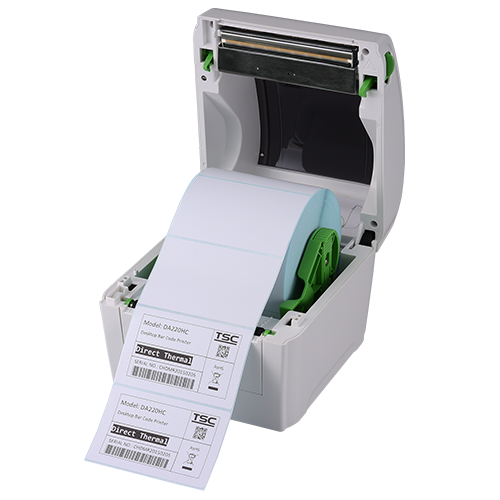 TSC DA220W 4-inch direct thermal desktop label printer for healthcare, 203 dpi, USB + Ethernet, white (DA220W-A001-2102) – angled view