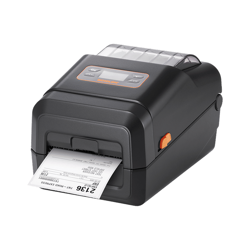 BIXOLON XL5-40CT linerless desktop label printer with LCD and auto cutter, 203 dpi, USB + Bluetooth, dark grey (XL5-40CTOBG/BEG) – printing a label