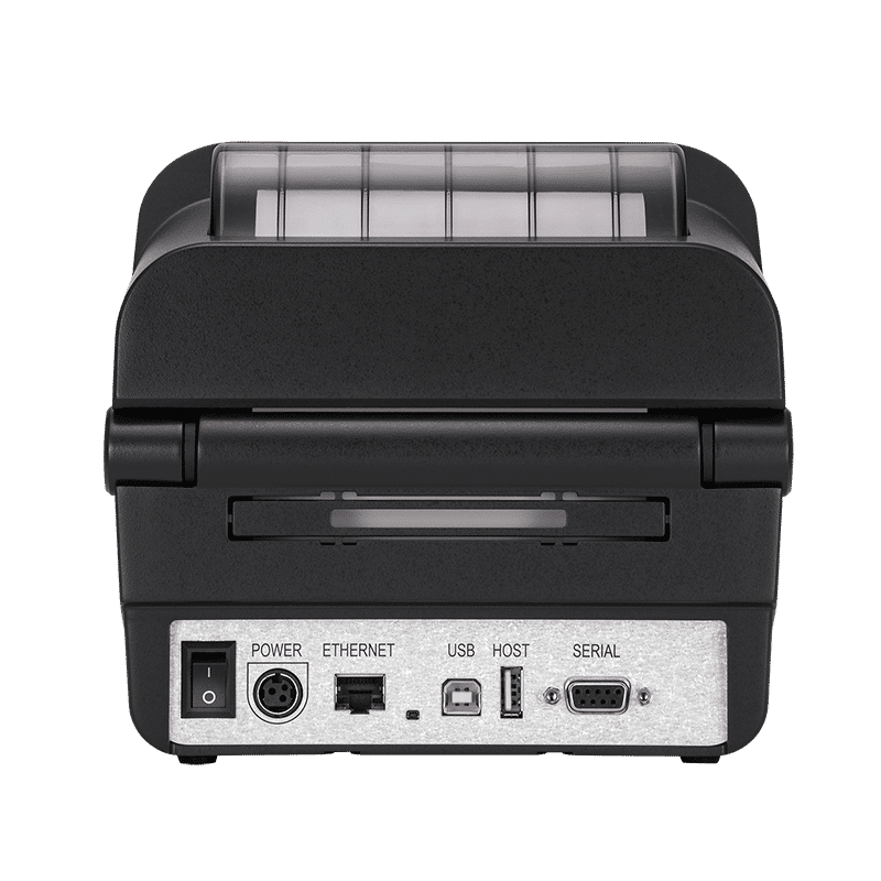 BIXOLON XL5-40CT linerless desktop label printer with LCD and auto cutter, 203 dpi, USB + Bluetooth, dark grey (XL5-40CTOBG/BEG) – rear interfaces