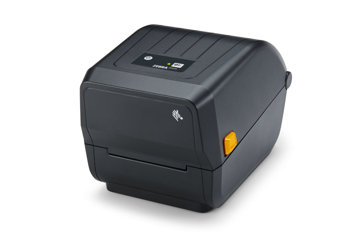 Zebra ZD220t 4-inch thermal transfer desktop label printer, black, USB, tear-off (ZD22042-T0EG00EZ) – left view