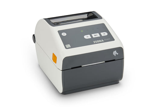 Zebra ZD421d-HC healthcare desktop label printer, white, 203 dpi, Wi-Fi 6 + Bluetooth (ZD4AH42-D0EX02EZ) – front view