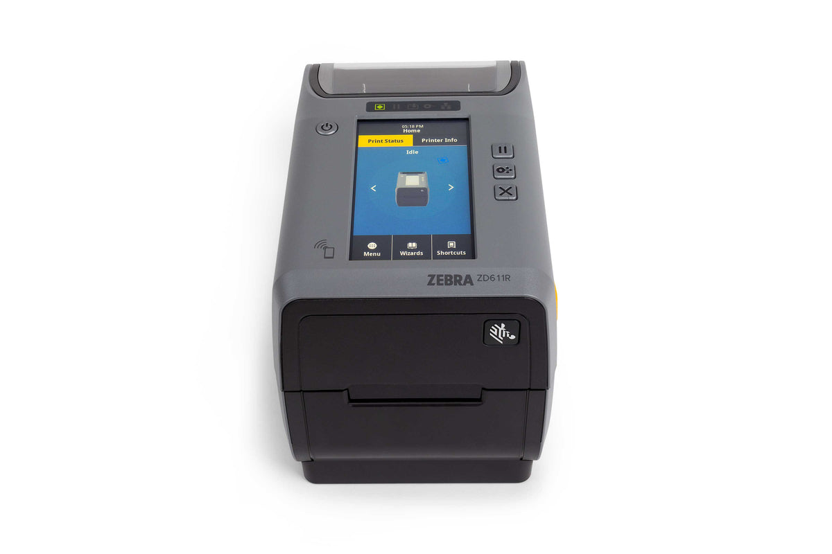 Zebra ZD611t 2-inch thermal transfer desktop label printer, dark grey, 203 dpi, peeler, USB + Ethernet (ZD6A122-T1EE00EZ) – colour display front view