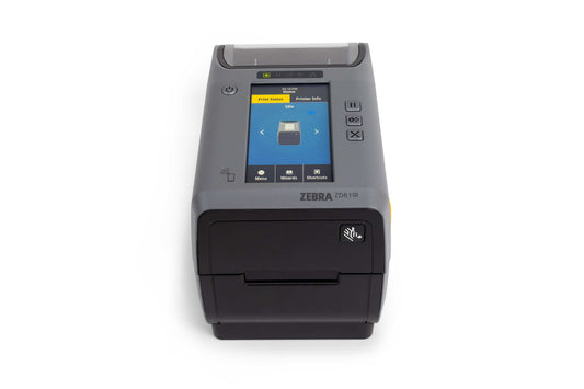 Zebra ZD611t 2-inch thermal transfer desktop label printer, dark grey, 203 dpi, tear-off, Wi-Fi 6 + Bluetooth (ZD6A122-T0EQ02EZ) – colour display front view
