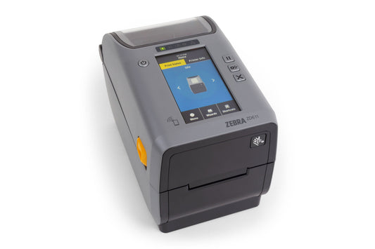Zebra ZD611t 2-inch thermal transfer desktop label printer, dark grey, 300 dpi, peeler, USB + Ethernet (ZD6A123-T1EE00EZ) – front view