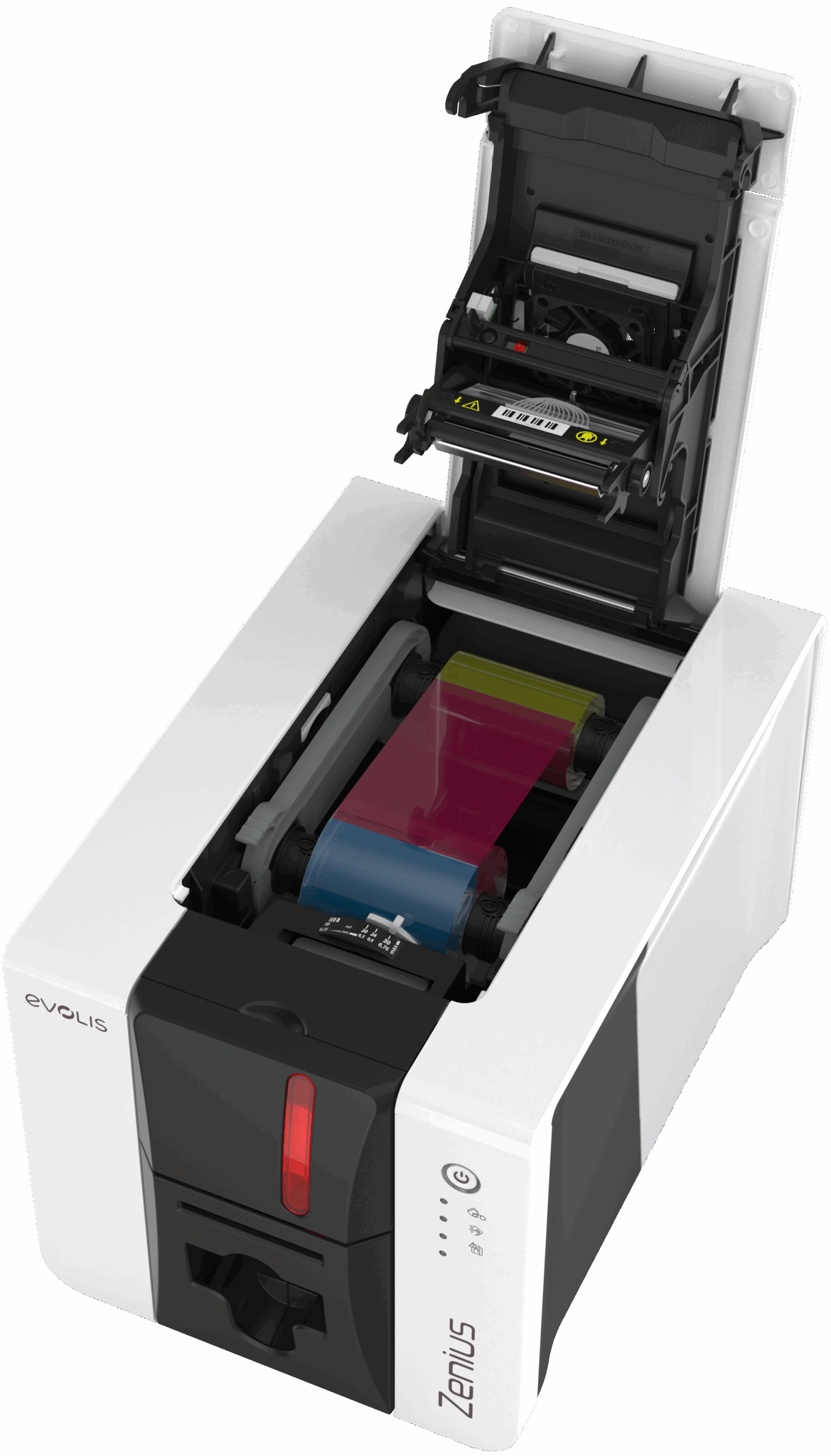 Evolis Zenius 2 Expert plastic card printer, single-sided, USB + Ethernet, 300 dpi, dye sublimation / thermal transfer (ZN2-0002) – open ribbon cover