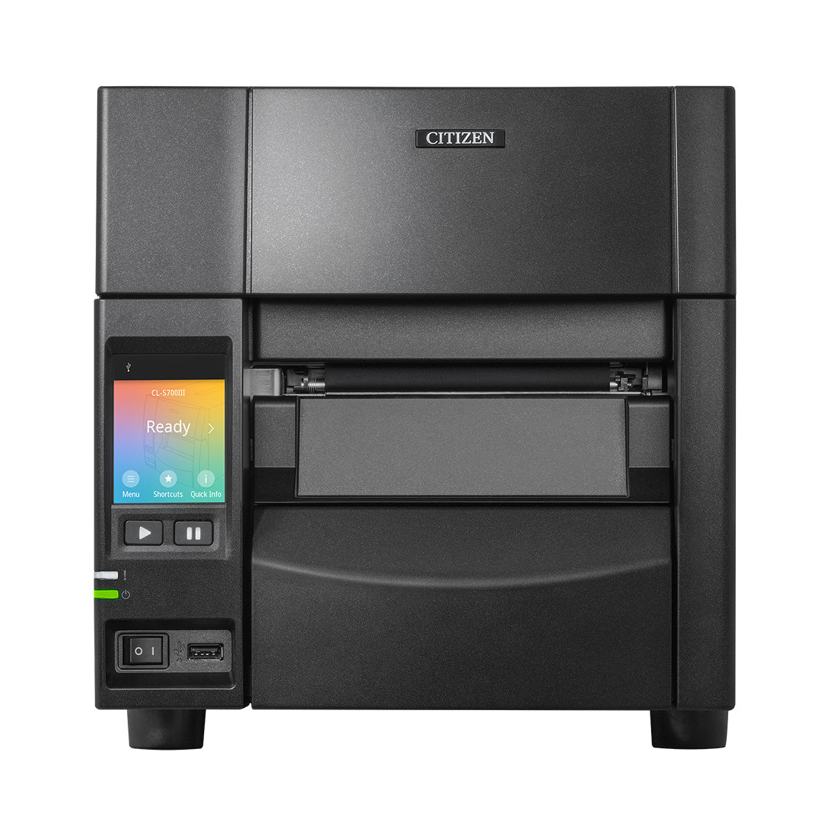 Citizen CL-S700III industrial label printer, black Hi-Open metal case, colour touch LCD, tear bar, 203 dpi, thermal transfer (CLS700IIINEXXX) – front view